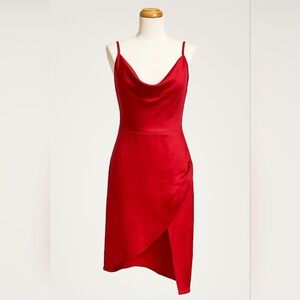 Code Mode Red Satin Slip Dress small| Cowl Neck Asymmetrical Hem